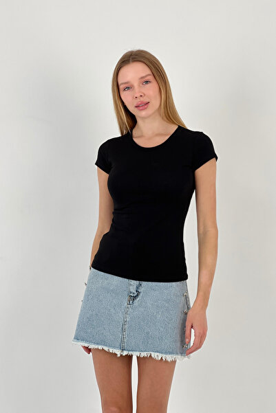 Miss Poem Women's Summer Short Sleeve Crew Neck Black T-Shirt