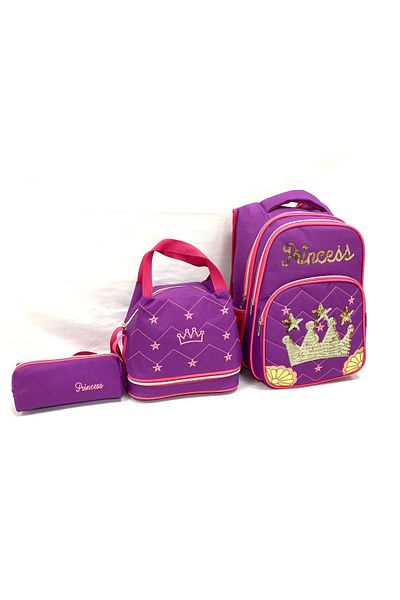 LUGMO Set rucsac pentru școală primară, cutie de prânz și suport pentru stilou Princess Purple