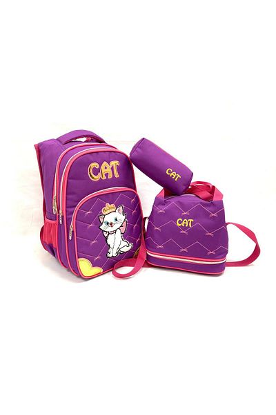 LUGMO Set rucsac pentru școală primară, cutie de prânz și suport pentru stilou Cat Purple