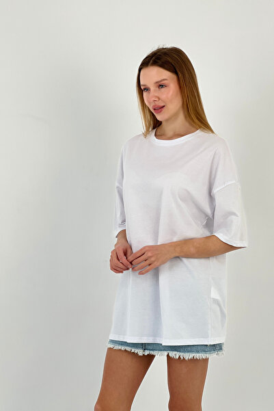 Miss Poem Γυναικείο φαρδύ καλοκαιρινό κοντομάνικο μακρύ λευκό μπλουζάκι oversized