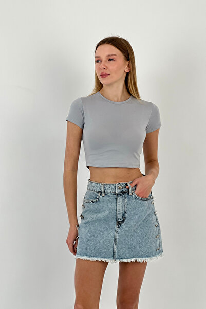 Miss Poem Women's Tight Summer Short Sleeve Short Gray Crop T-Shirt