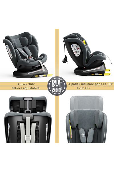 BUF BOOF Scaun auto TWT Plus iSize Buf Boof Grey cu isofix Rotativ 360 Pozitie Somn Top Tether 40-150 cm
