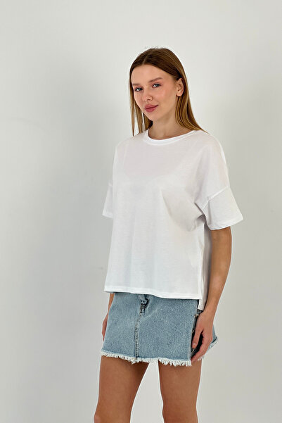 Miss Poem Γυναικείο κοντομάνικο φαρδύ λευκό μπλουζάκι καλοκαιριού oversized