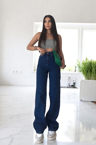 byhaziran butik İsyy Women's Dark Blue Extra High Waist Flexible Waist Comfortable Loose Leg Jeans