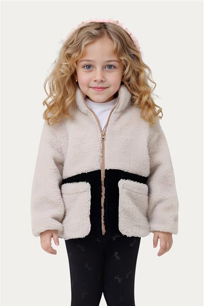 Firststops Sports Girl's Plush Ecru Black Zippered Welsoft Coat