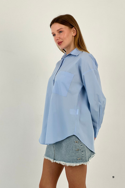 Miss Poem Cămașă albastră oversize de bază de vară pentru femei, cu buzunare