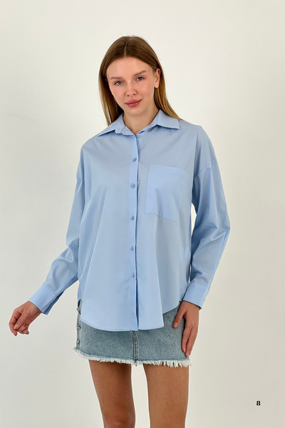 Miss Poem Cămașă albastră oversize de bază de vară pentru femei, cu buzunare