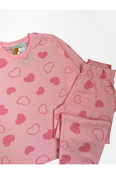 Pajama Shop Girls' 100% Cotton Fabric Heart Patterned Pink Long Sleeve Winter Pajama Set