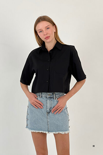 Miss Poem Women's Short Summer Pocket Loose Oversize Crop Black Shirt