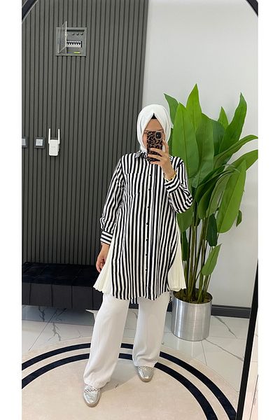 SARE BOUTIQUE Women's Hijab Zippered Pleated Detailed Shirt