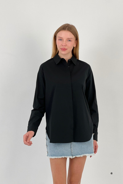 Miss Poem Women's Flexible Summer Tight Slim Fit Basic Black Shirt