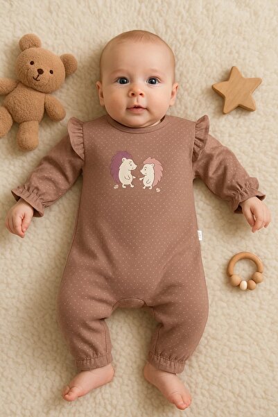 CNDR 3-12 Ay Kız Bebek Tulum Kirpi Nakışlı Kahverengi