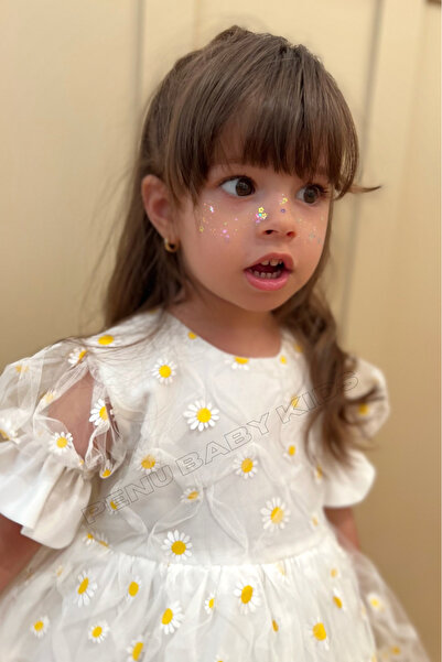 penu baby kids Beyaz Papatya Nakış Işlemeli Kısa Kol Kız Bebek - Çocuk Elbise - Elisa