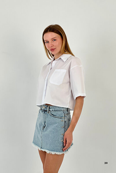 Miss Poem Γυναικείο κοντό καλοκαιρινό φαρδύ πουκάμισο με τσέπες oversized Crop White