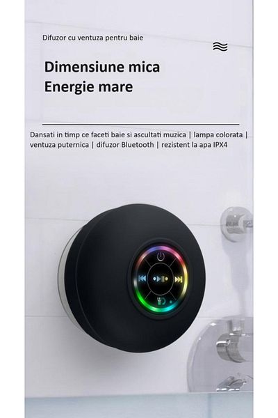 zyteq Boxa portabila ZYTEQ®️, Bluetooth 5.0, LED, wireless, IPX4, ventuza, baie, neagra
