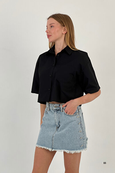 Miss Poem Women's Short Summer Pocket Loose Oversize Crop Black Shirt