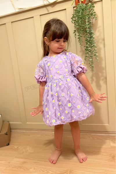 penu baby kids Lila Papatya Nakış Işlemeli Kısa Kol Kız Bebek - Çocuk Elbise - Elisa
