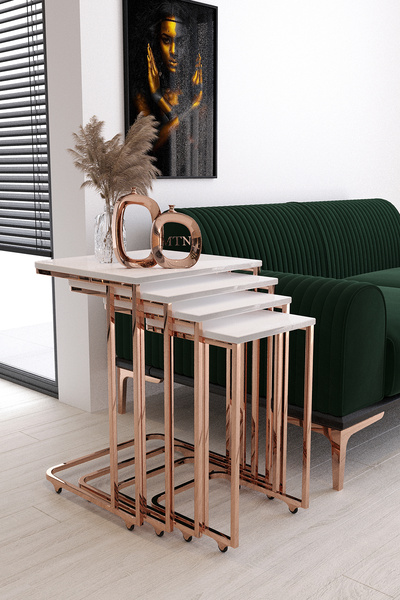 ysnn aksesuar STAR 4'LÜ KARE ZİGON TEKERLEKLİ BAKIR KAPLAMA BEYAZ MDF MEBRAN