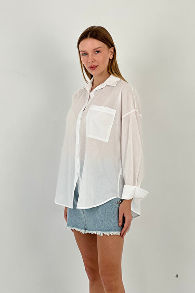 Miss Poem Women's Summer Long Pocket Oversize White Shirt