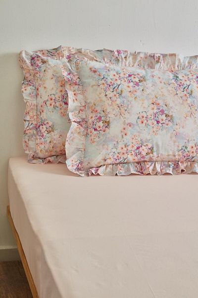 Ricco Lifes 100% Cotton Blush Rose Ruffle Pillowcase Fitted Sheet