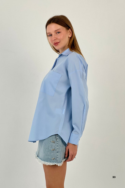 Miss Poem Cămașă albastră oversize de bază de vară pentru femei, cu buzunare