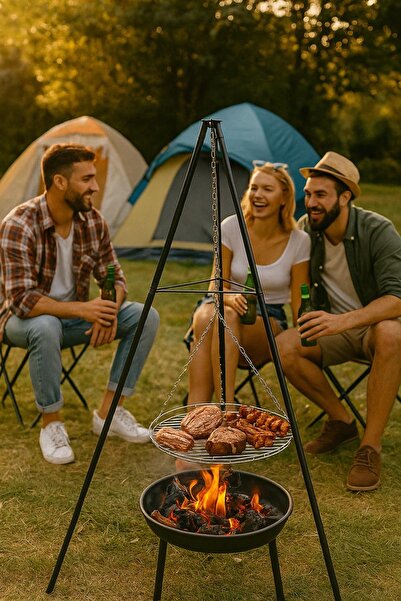 SOMINECO Paslanmaz Çelik Tripod Askılı Katlanır Kömür Barbekü Ateş Çukuru