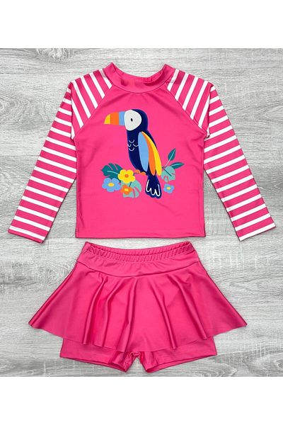 Lolliboomkids White Pink Color Lucky Toucan Bird Printed Long Sleeve Leggings with Skirt 2 Pieces Swimsuit / Bikini Set