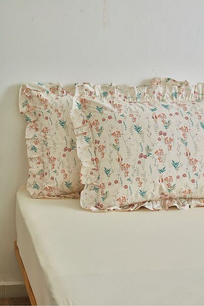 Ricco Lifes 100% Cotton Gaia Ruffled Pillowcase Fitted Sheet