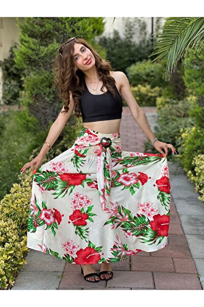 Gönülden Tasarım Bamboo Belt Elastic Flowered Spanish Women's Long Skirt