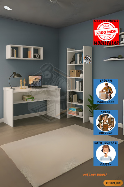 Mobilyanı Tasarla Tamamı Mdf Kitaplıklı Duvar Raflı Çalışma Odası Seti