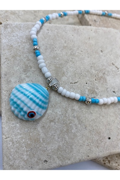 Byoz store Blue White Silver Matching Bead Sea Shell Women's Necklace