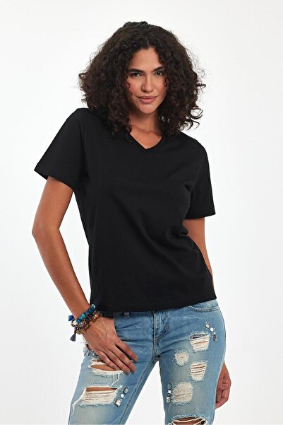 Soho Mood Women's V-Neck 100% Cotton 3-Pack Basic T-Shirts (3 Black)
