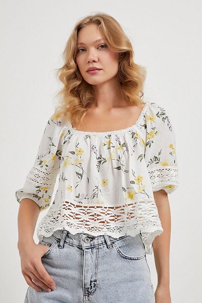 Arma Life Armalife 4830 Flower Printed Lace Detail Open Collar Women's Bluz