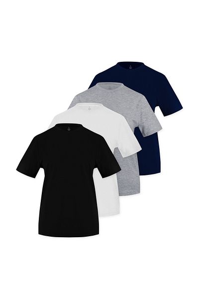Soho Mood Pachet de 4 tricouri de bază pentru femei, 100% bumbac, cu decolteu rotund (1 negru, 1 alb, 1 gri, 1 bleumarin)