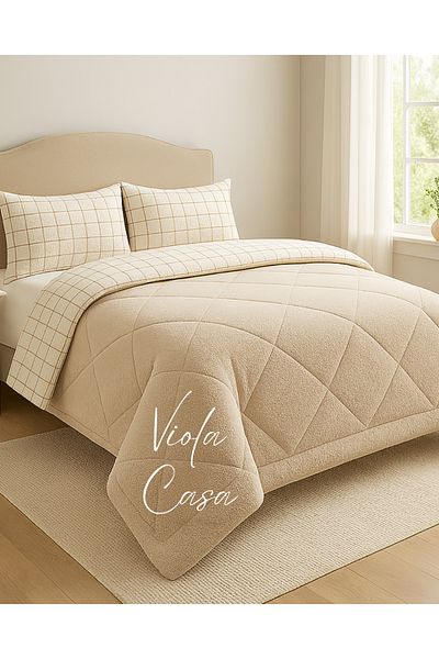 Violacasa Double Sided Welsoft Quilt Set Double Beige Square
