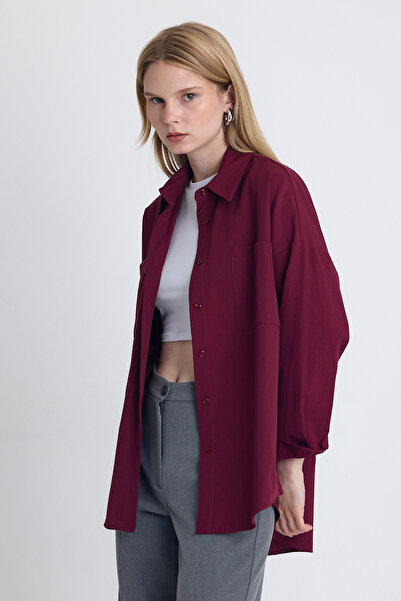 Rays Bordo Çift Cepli Oversize Uzun Basic Gömlek Tcr 6256a