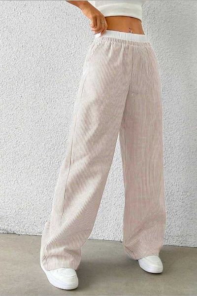 The Champ Clothing Women's Gray Striped Poplin Woven Trousers – High Waist Elastic Wide Leg Casual Model