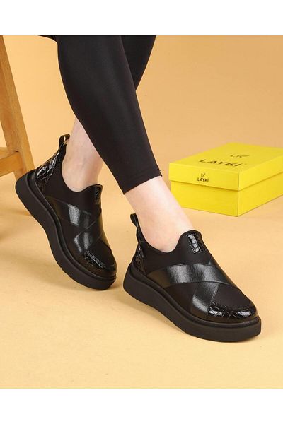 layki Nesica Black Colored Croquet Leather Elastic Parachute Fabric Walking Shoes