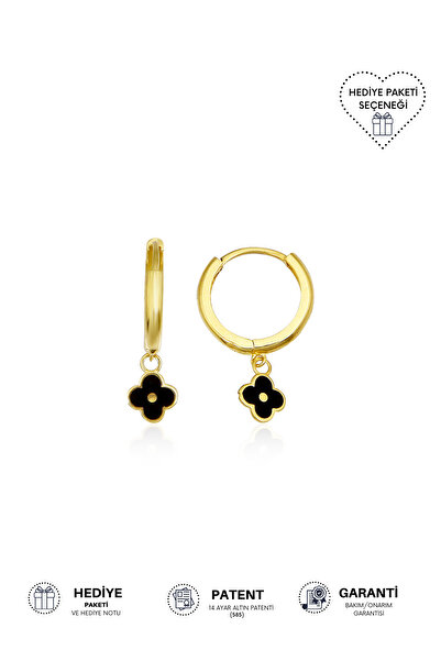 Altınkesesi 14 Ayar Altın Siyah Yonca Sallantılı Halka Küpe