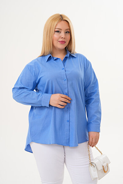 Patika Women's Plus Size Linen Casual Shirt – Blue