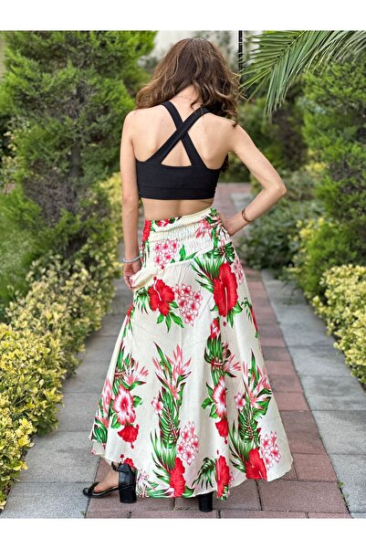 Gönülden Tasarım Bamboo Belt Elastic Flowered Spanish Women's Long Skirt