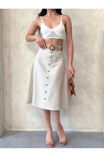 MD trend Women's Straw Belted Buttoned Midi Length Skirt