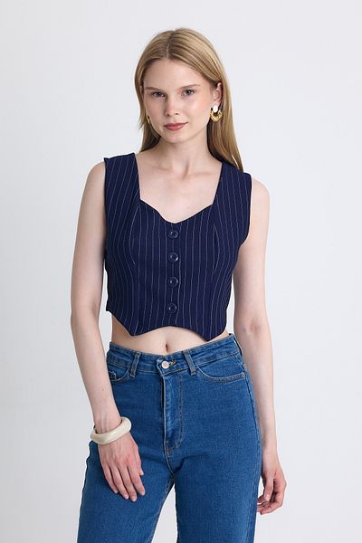Rays Laci Striped V-Neck Buttoned Crop Vest with Pinch Detail 4288A