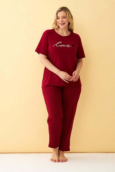 modaserdem Mdsrdm Women's Burgundy Love Written Plus Size Pajama Set