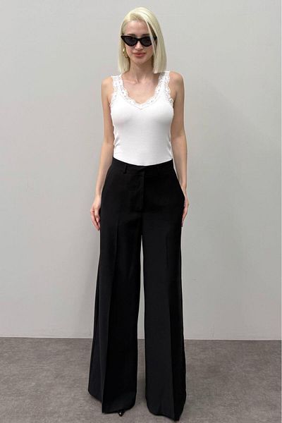 Seeh Black Front Pleated Palazzo Women's Trousers Sh243