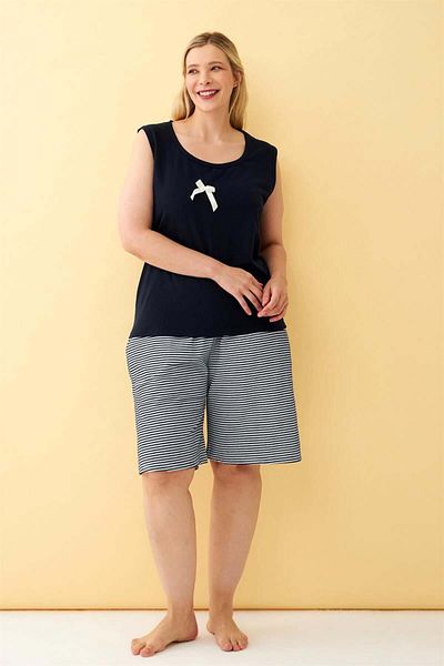 modaserdem Mdsrdm Women's Navy Blue Ribbon Detailed Shorts Plus Size Pajama Set