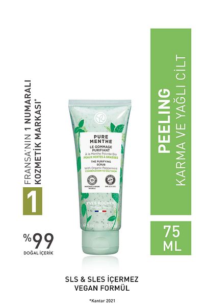 Yves Rocher Pure Menthe 75ml - Purifying and Cleansing Prebiotic Facial Peeling for Combination, Oily, Acne Prone Skin