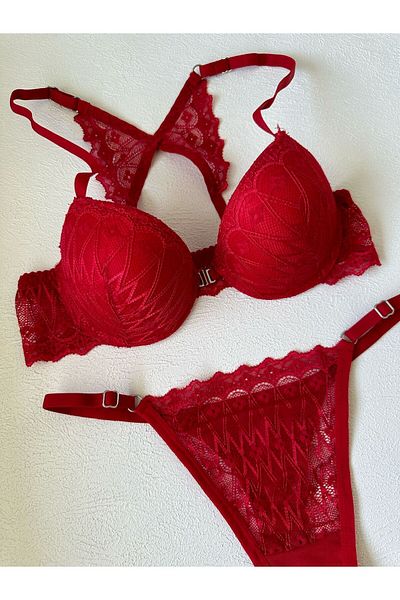 dem merys Front Opening Padded Lace Bra and Back Butterfly Detailed Set