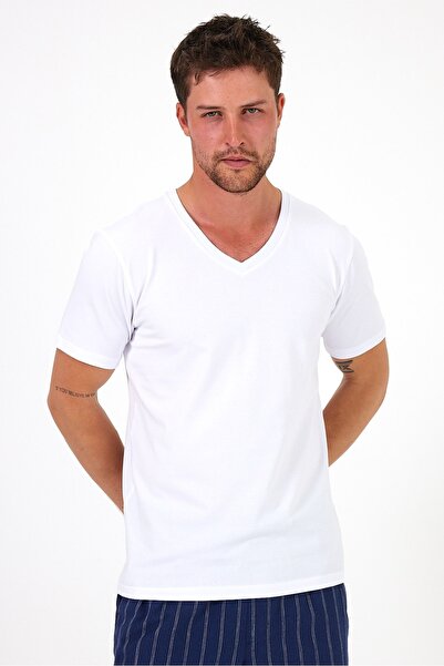 Soho Mood Ανδρικό μπλουζάκι με λαιμόκοψη V 100% βαμβακερό πακέτο 4 βασικών μπλουζών (4 λευκά)