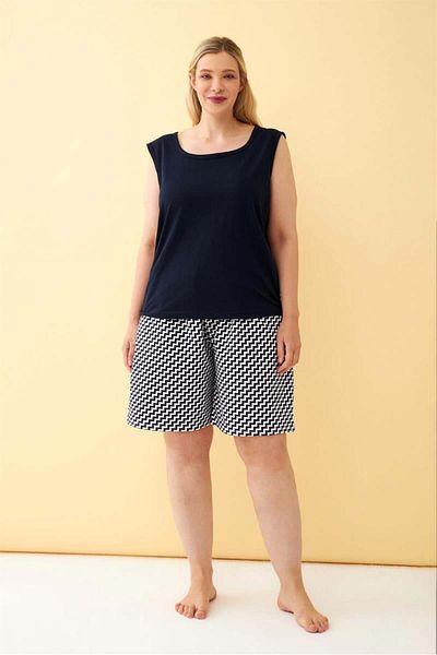 modaserdem Mdsrdm Women's Navy Blue Geometric Patterned Plus Size Pajama Set with Shorts